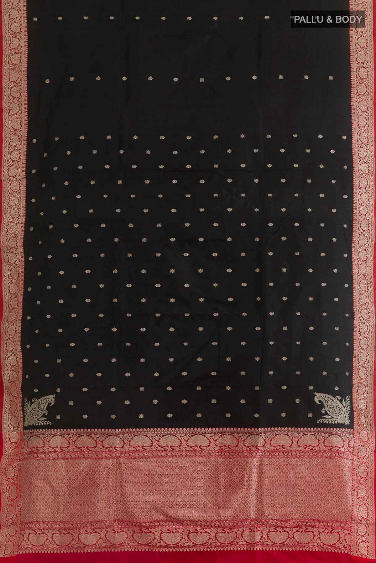 Flat view of Black Banarasi Silk Saree with Zari Butta on the body and Zari Border. 