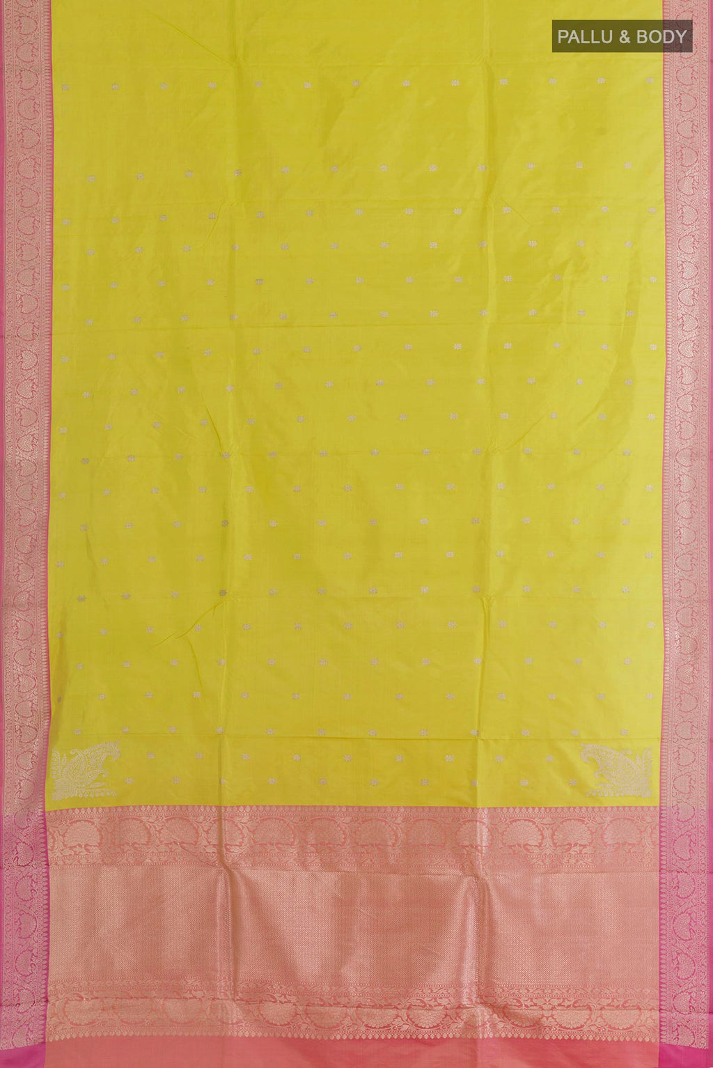 Flat view of Lemon Yellow Banarasi Silk Saree with Zari Butta on the body and Zari Border. 