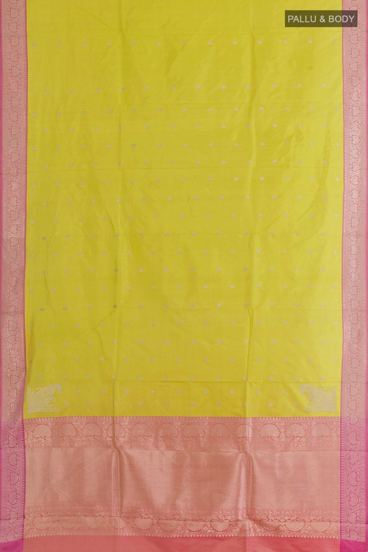 Flat view of Lemon Yellow Banarasi Silk Saree with Zari Butta on the body and Zari Border. 