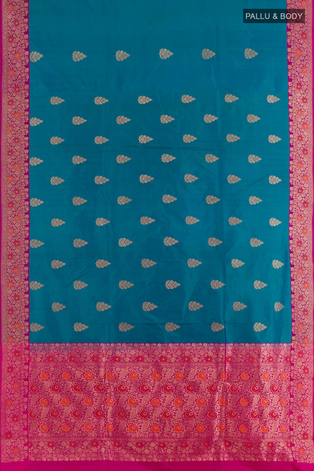 Flat view of Blue Banarasi Katan Silk Saree with Zari Butta on the body and Zari Border. 