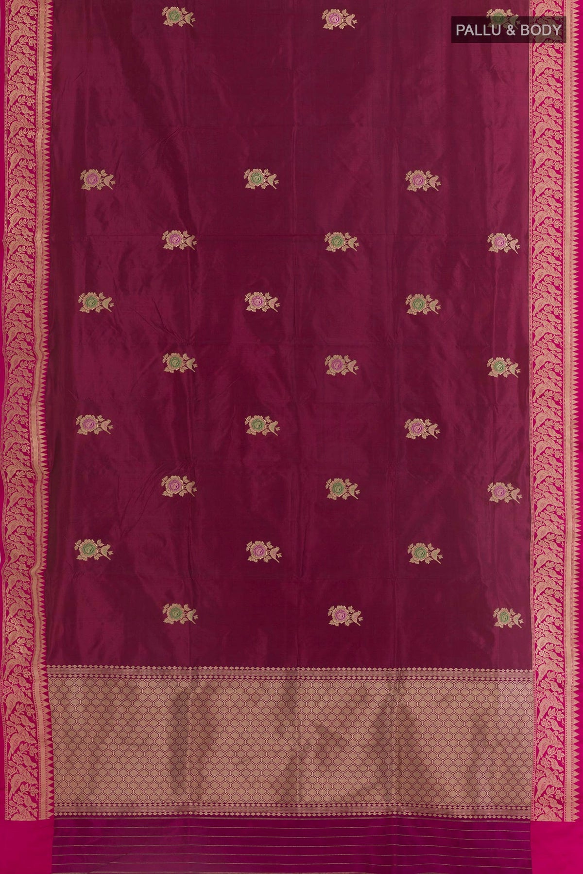 Flat view of Purple Banarasi Silk Saree with Zari Butta on the body and Zari Border. 