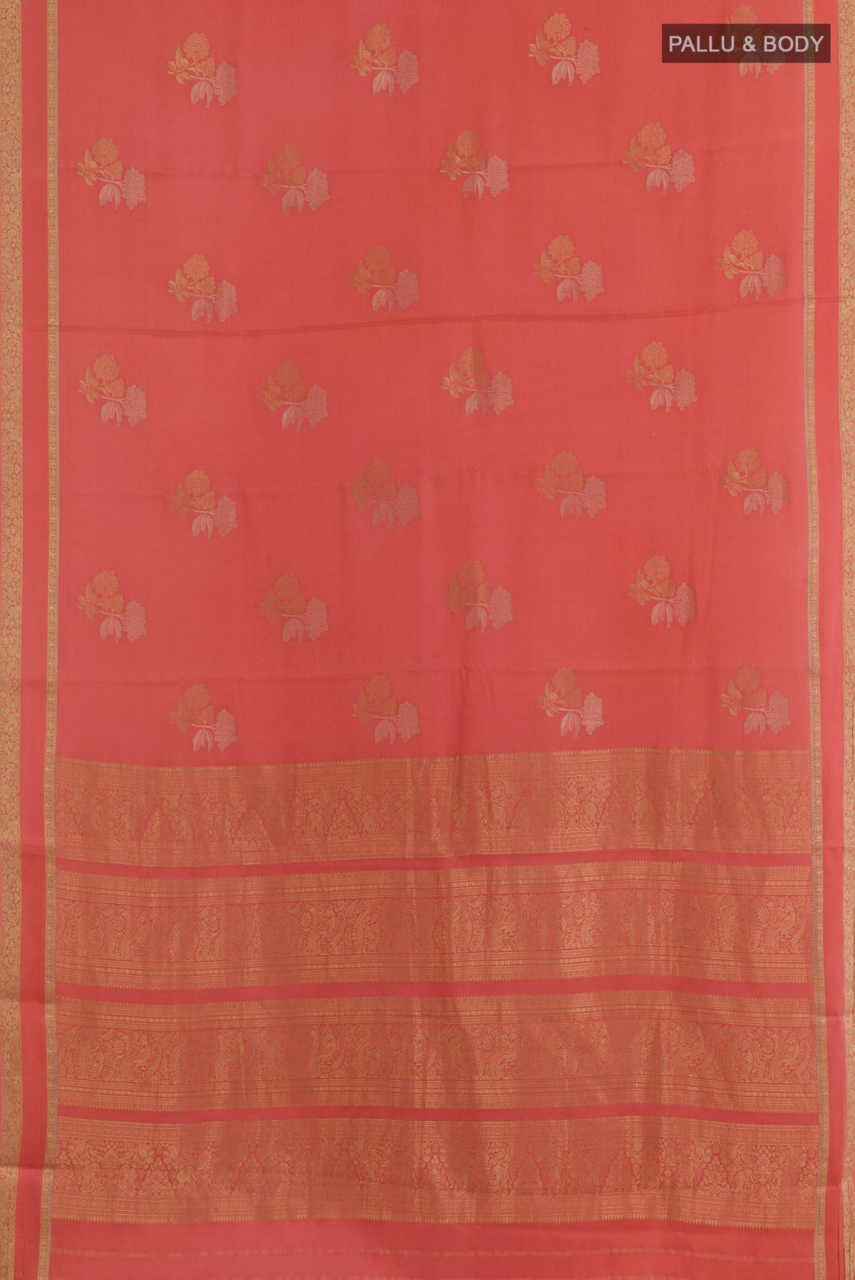 Flat view of Coral Mysore Crepe Saree with Zari Butta on the body and Zari Border. 