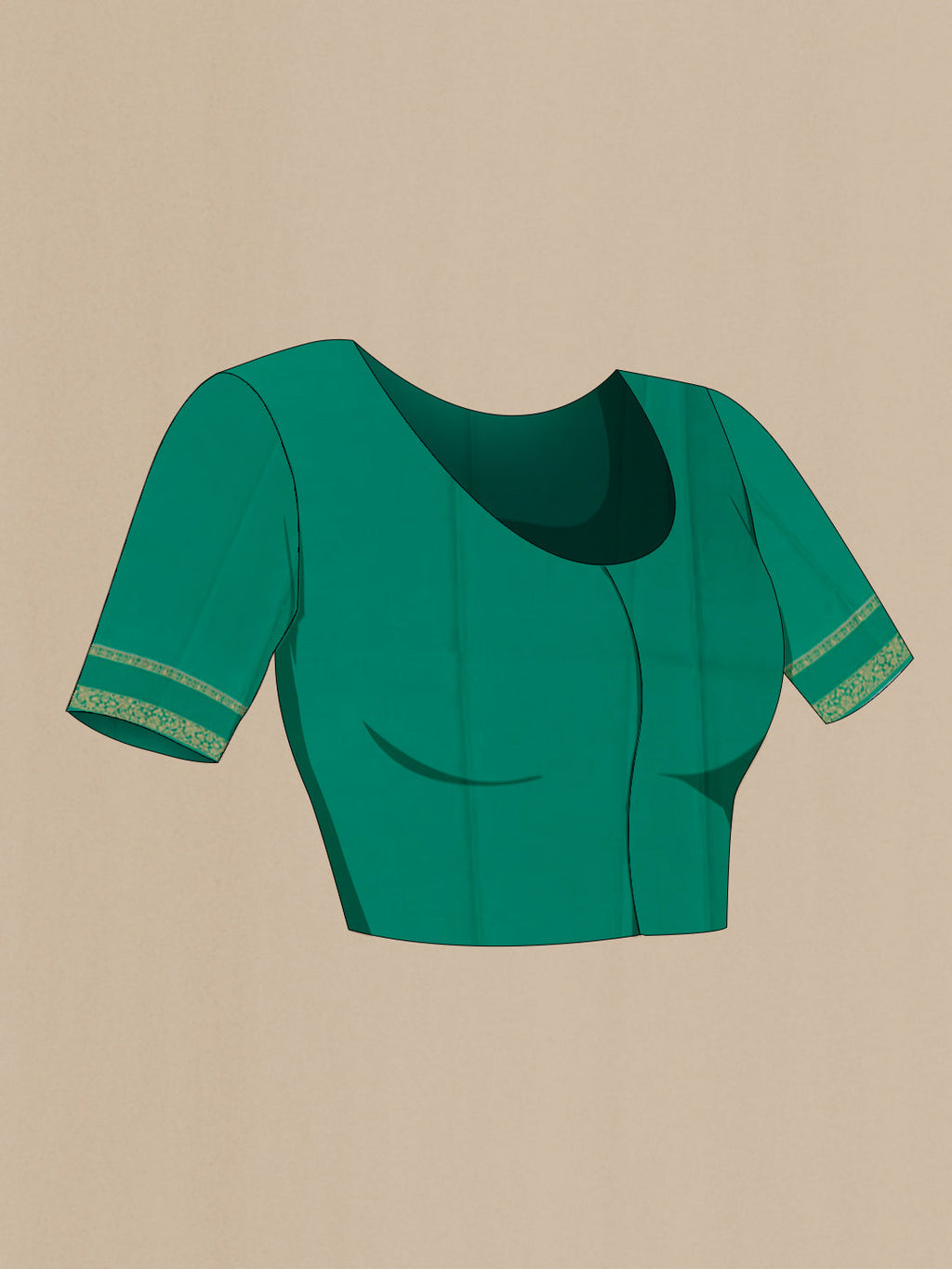 Close up image of the blouse of Sea Green Mysore Crepe Saree with Zari Butta on the body and Zari Border. 