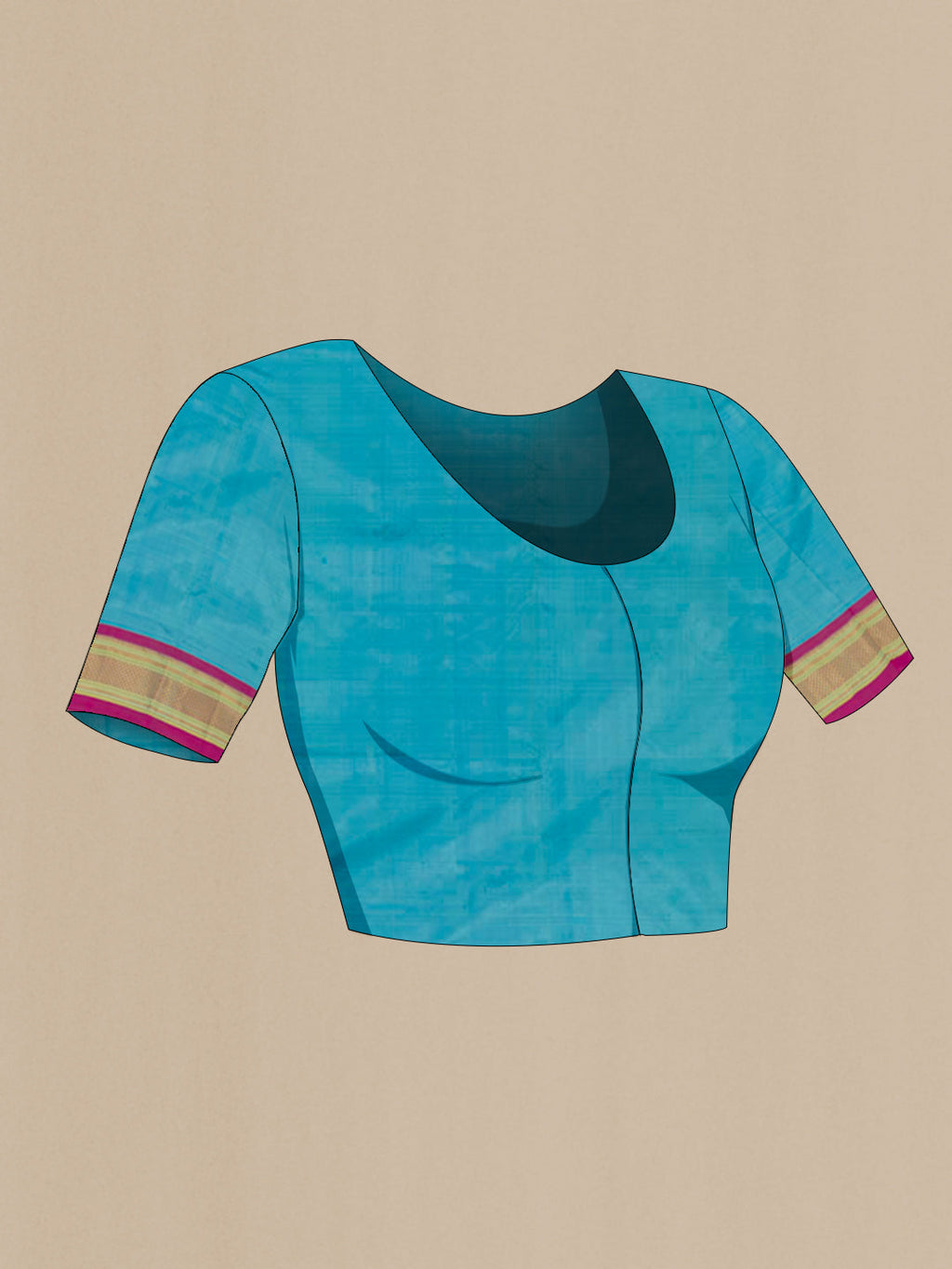 Close up image of the blouse of Blue Paithani Silk Saree with Zari Butta on the body and Zari Border. 