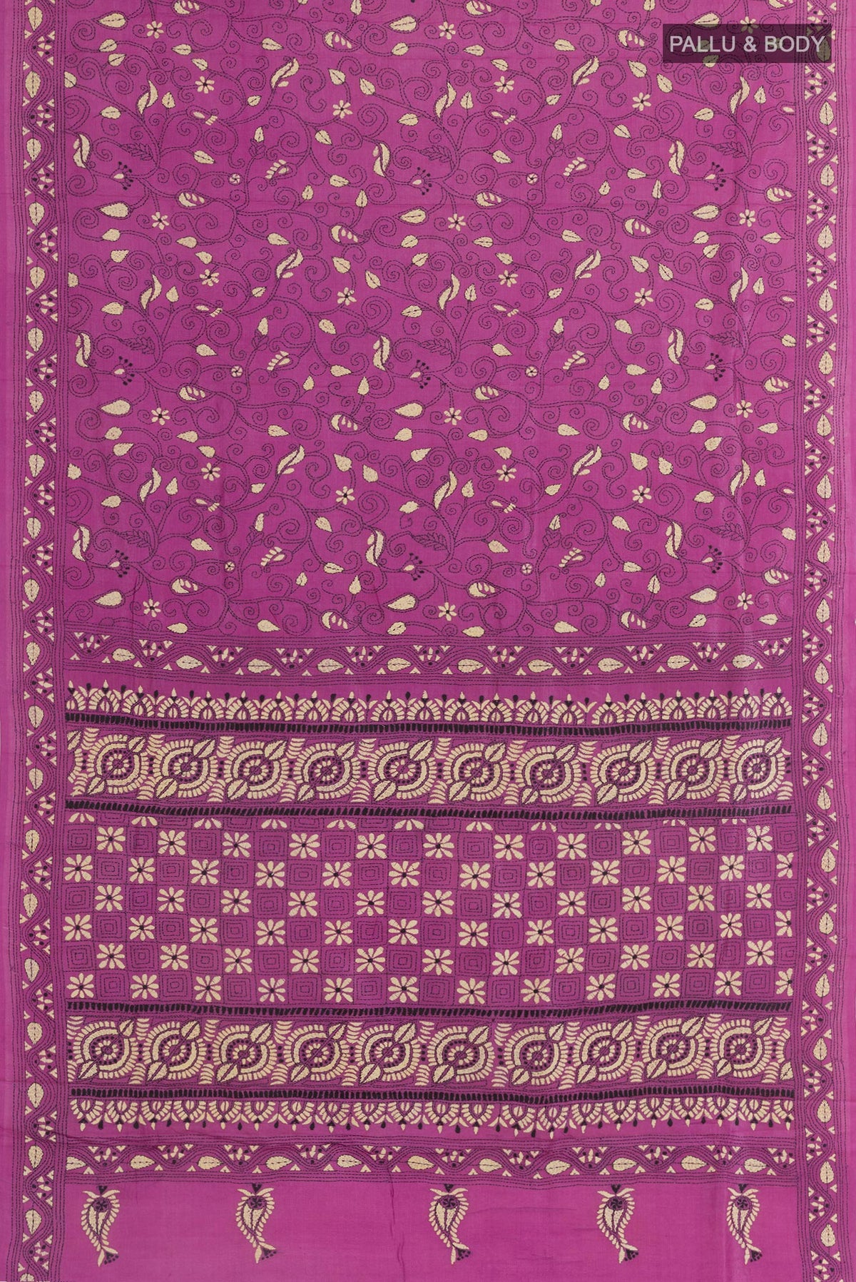 Flat view of Purple Tussar Saree with Kantha Work on the body and Embroidery Border. 