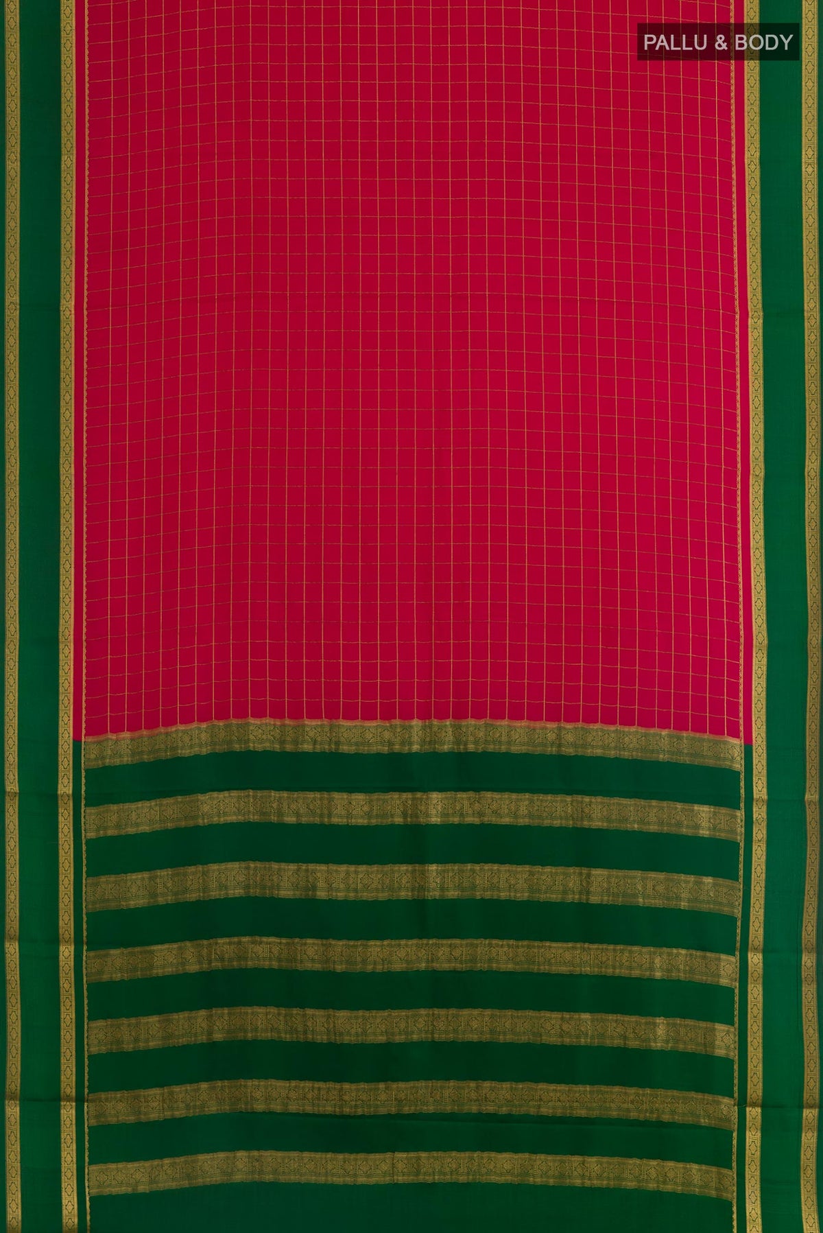 Flat view of Pink Mysore Crepe Saree with Checked design on the body and Zari Border. 