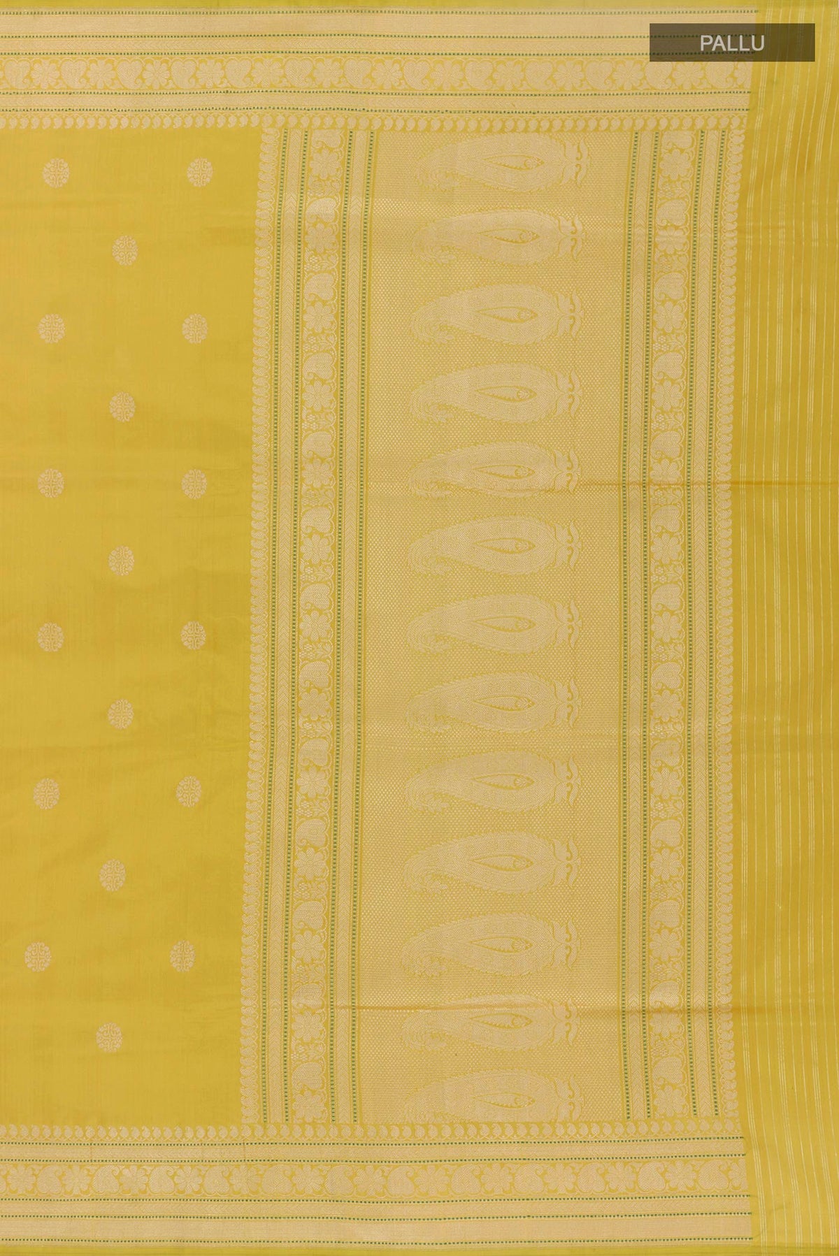 Close up image of the pallu of Lemon Yellow Banarasi Silk Saree with Zari Butta on the body and Zari Border. 