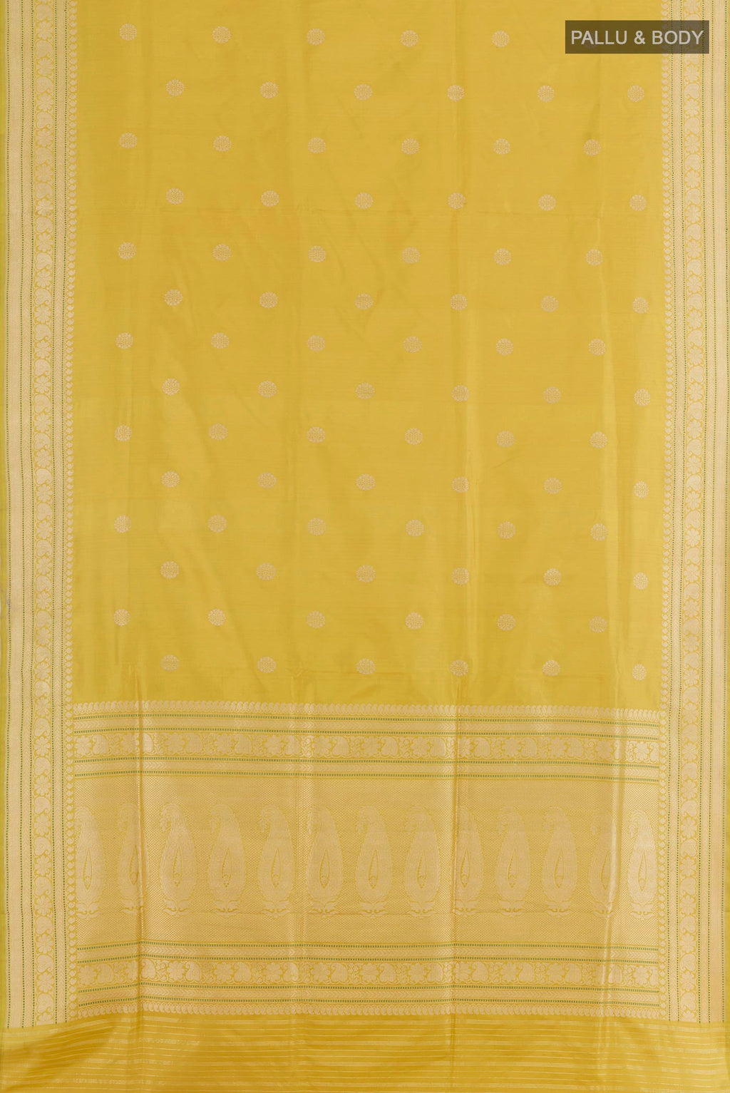 Flat view of Lemon Yellow Banarasi Silk Saree with Zari Butta on the body and Zari Border. 
