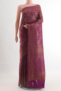 Purple Mysore Crepe Saree with Zari Brocade on the body and Zari Border.  displayed on a mannequin