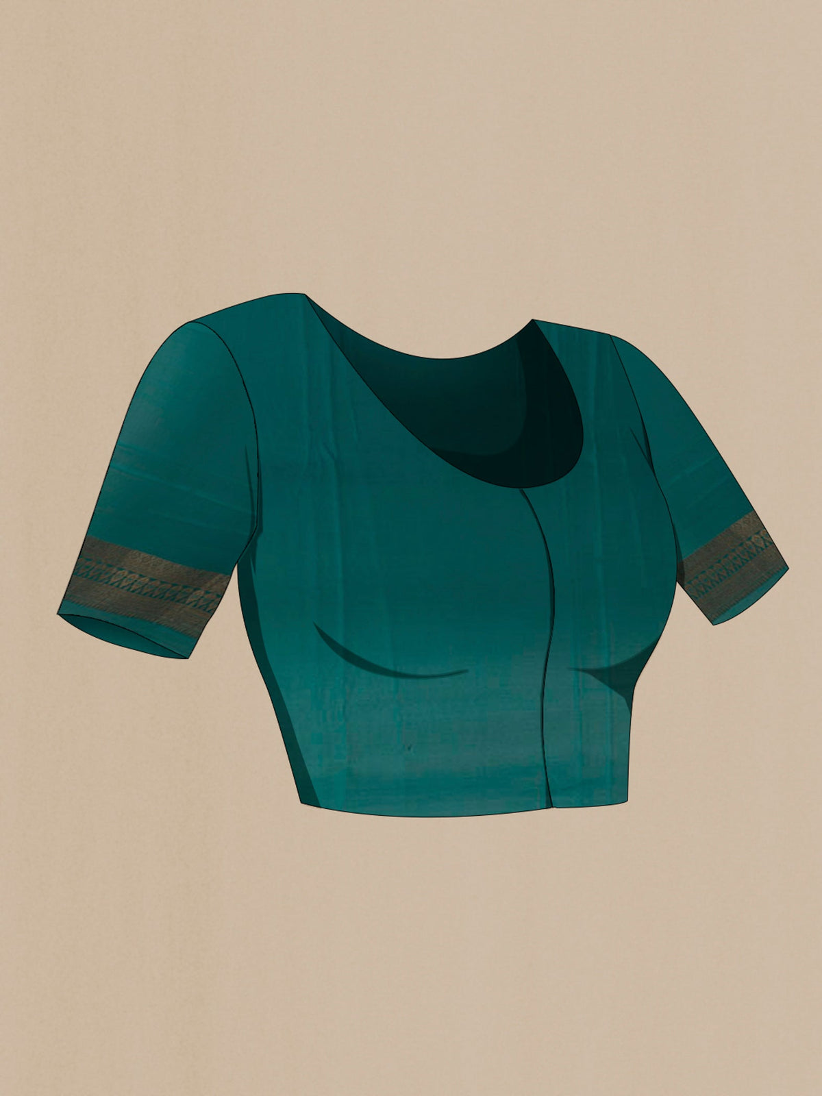 Close up image of the blouse of Sea Green Mysore Crepe Saree with Zari Brocade on the body and Zari Border. 