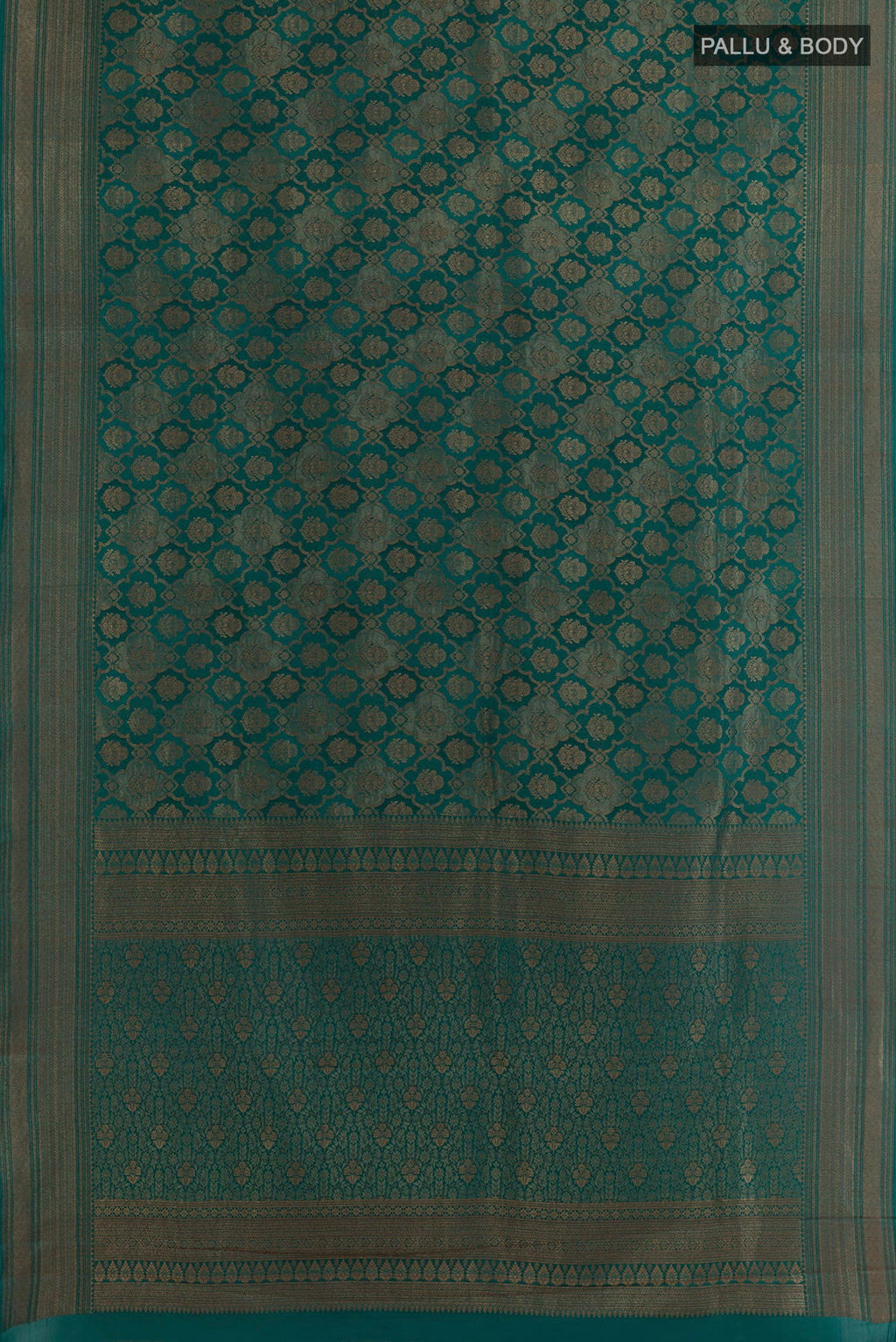 Flat view of Sea Green Mysore Crepe Saree with Zari Brocade on the body and Zari Border. 