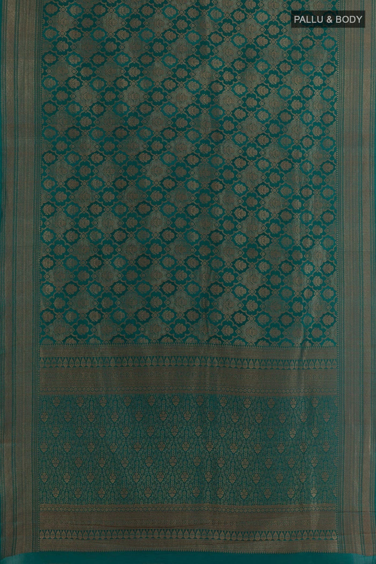 Flat view of Sea Green Mysore Crepe Saree with Zari Brocade on the body and Zari Border. 