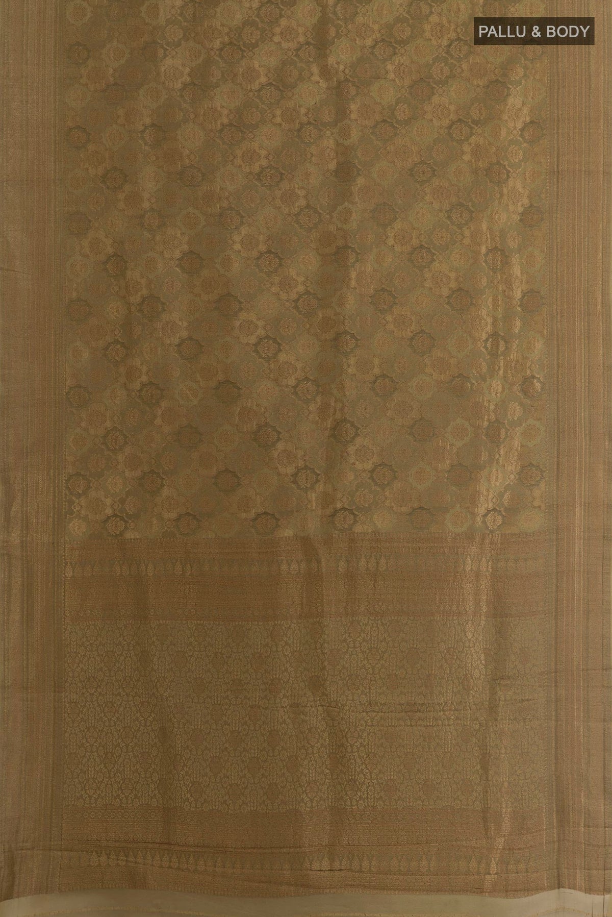 Flat view of Beige Mysore Crepe Saree with Zari Brocade on the body and Zari Border. 