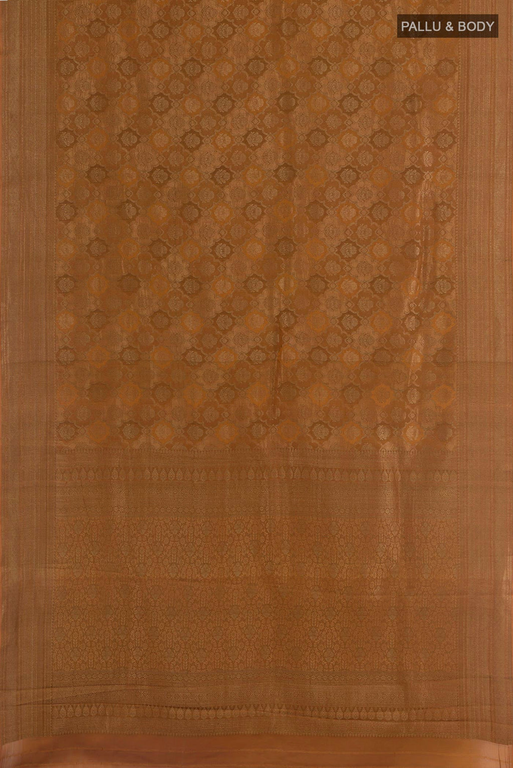 Flat view of Mustard Mysore Crepe Saree with Zari Brocade on the body and Zari Border. 