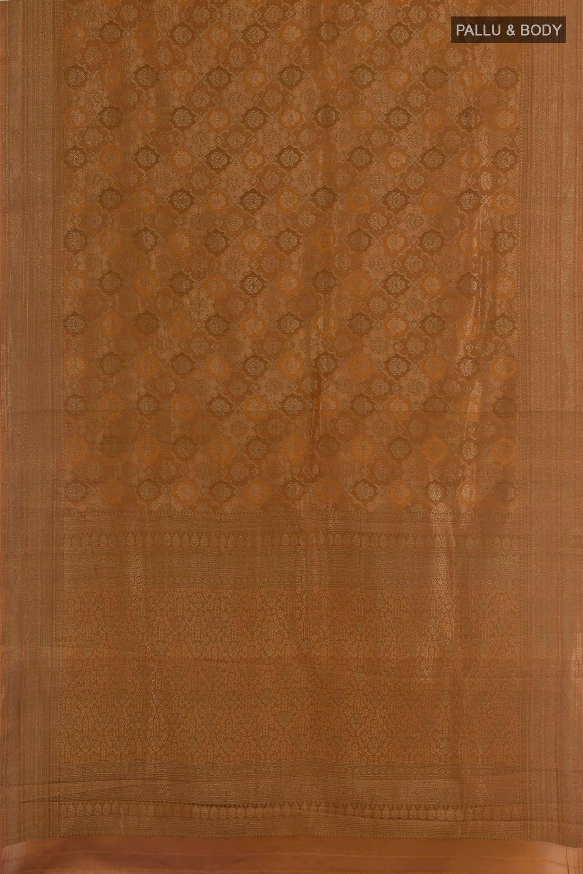 Flat view of Mustard Mysore Crepe Saree with Zari Brocade on the body and Zari Border. 