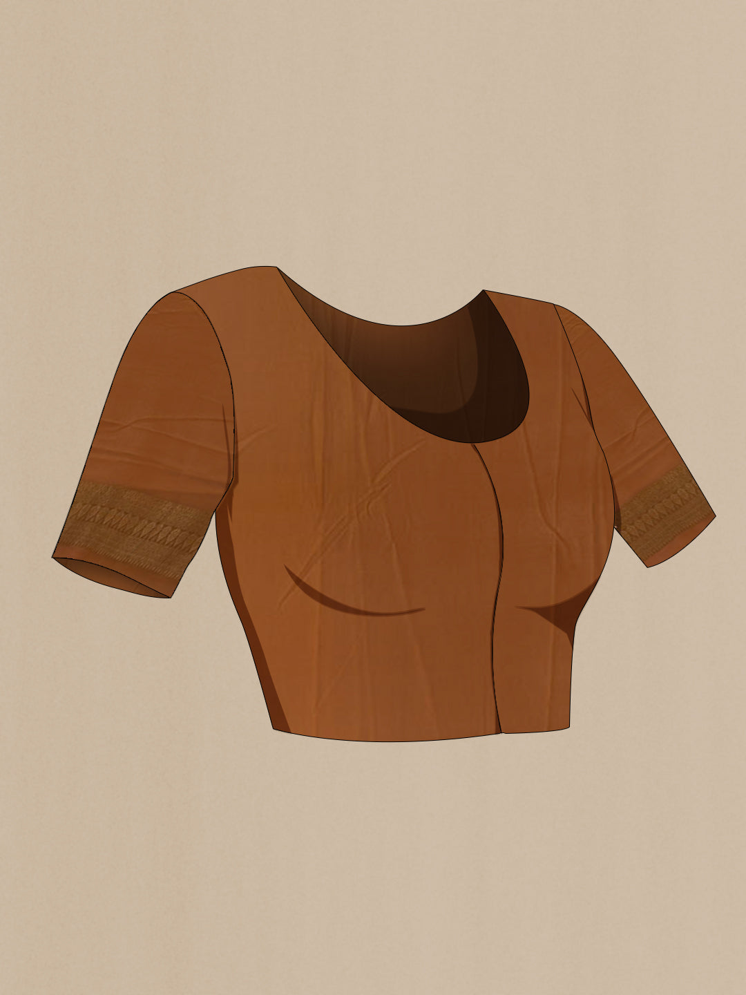 Close up image of the blouse of Brown Mysore Crepe Saree with Zari Brocade on the body and Zari Border. 