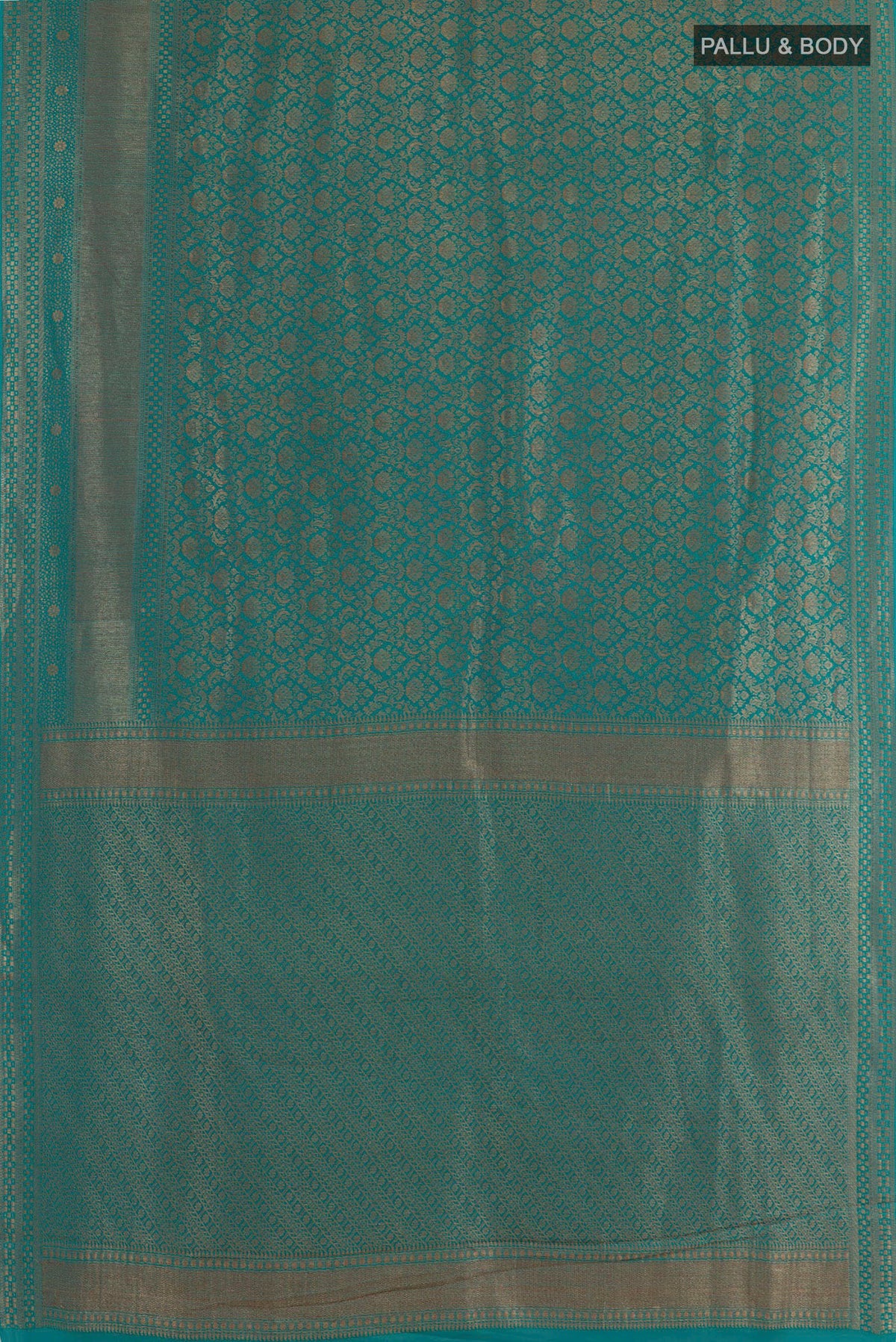 Flat view of Blue Mysore Crepe Saree with Zari Brocade on the body and Zari Border. 