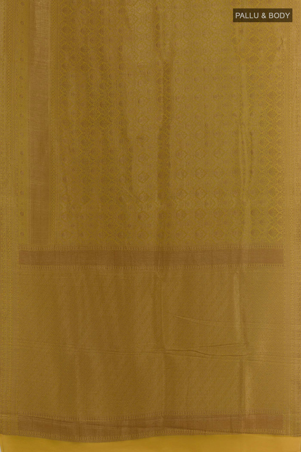 Flat view of Yellow Mysore Crepe Saree with Zari Brocade on the body and Zari Border. 