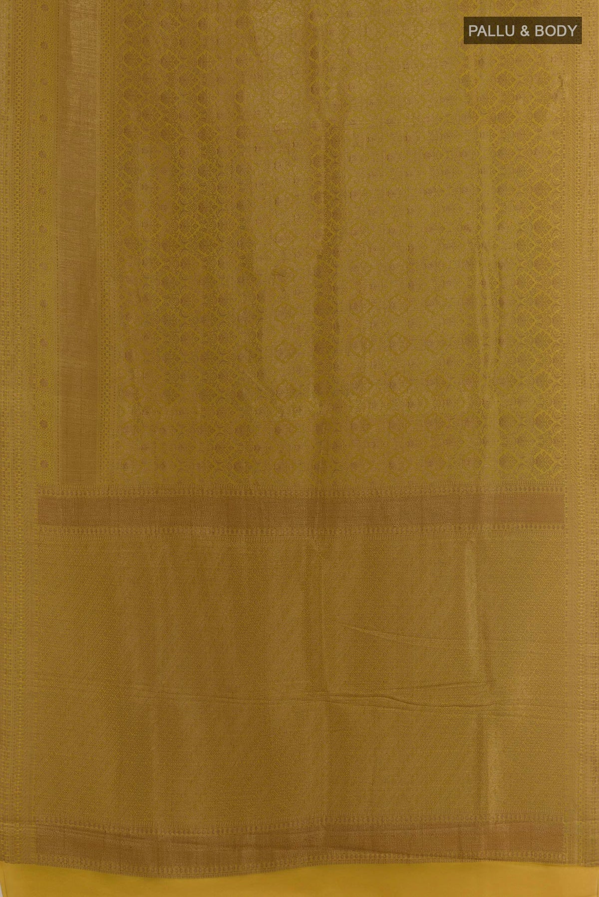 Flat view of Yellow Mysore Crepe Saree with Zari Brocade on the body and Zari Border. 