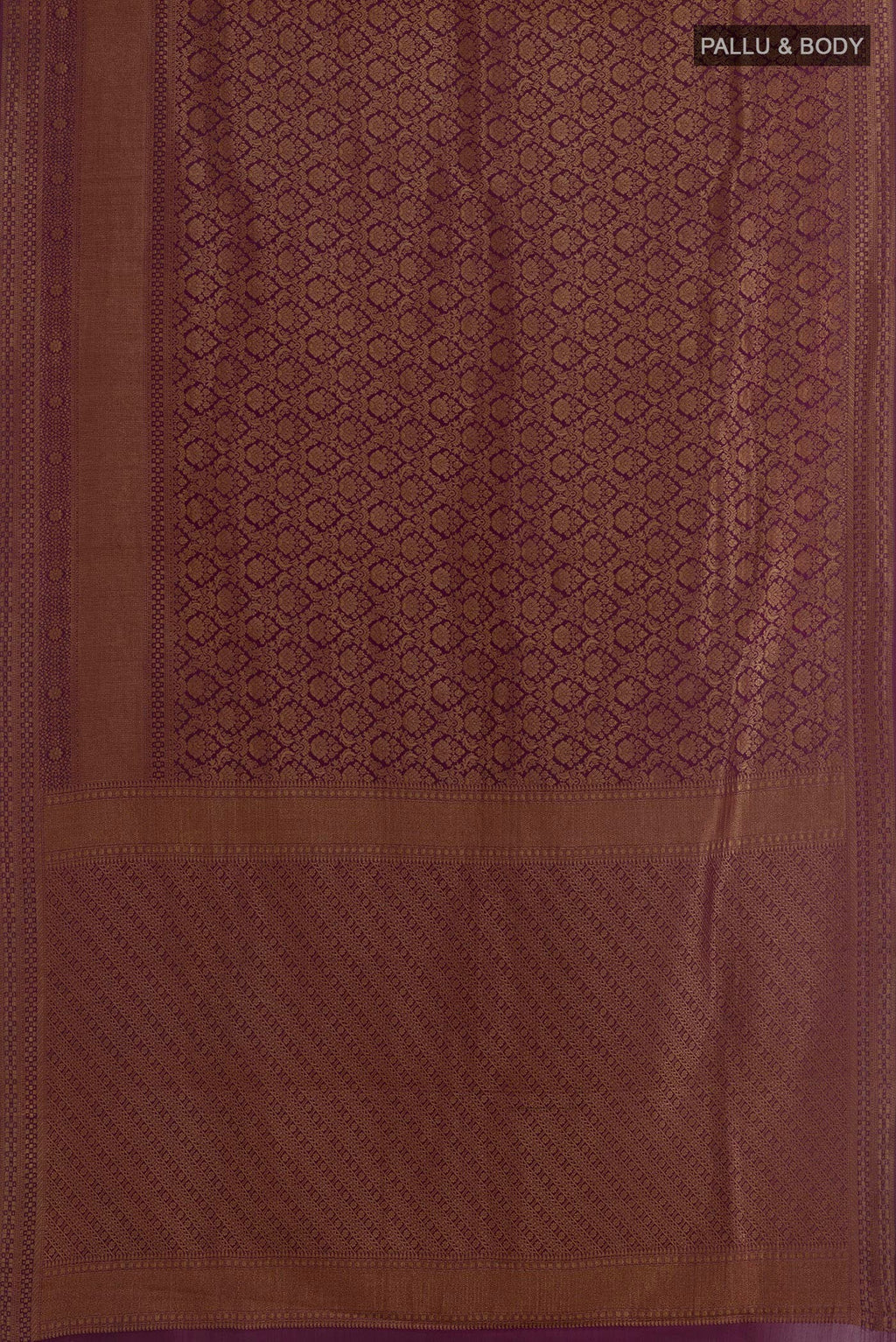 Flat view of Purple Mysore Crepe Saree with Zari Brocade on the body and Zari Border. 