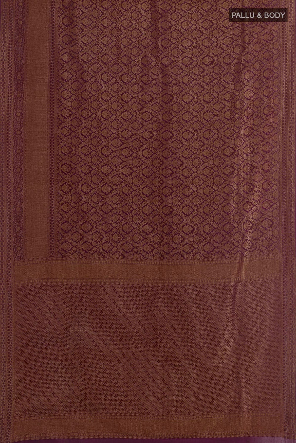 Flat view of Purple Mysore Crepe Saree with Zari Brocade on the body and Zari Border. 