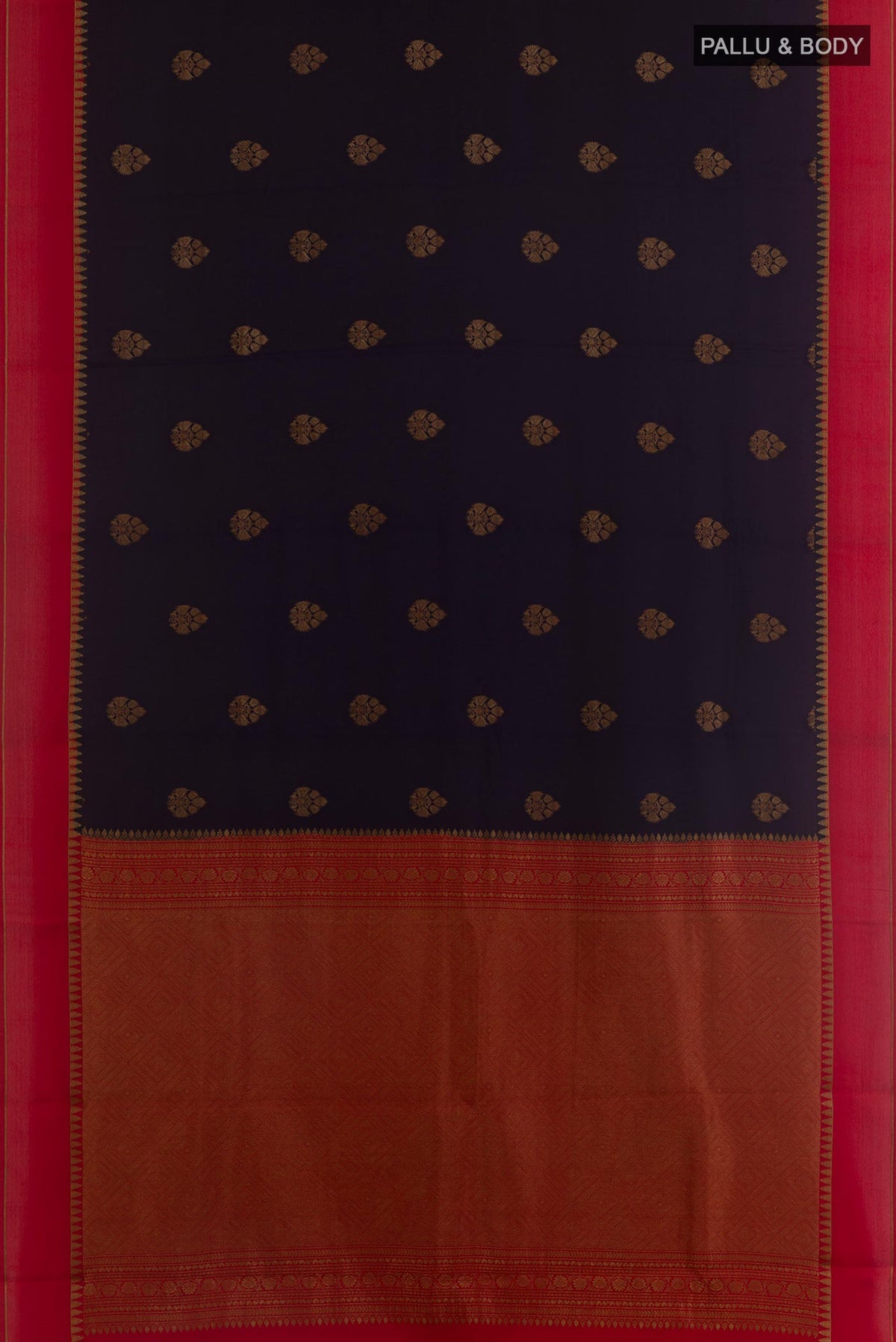 Flat view of Navy Blue Mysore Crepe Saree with Zari Butta on the body and Zari Border. 
