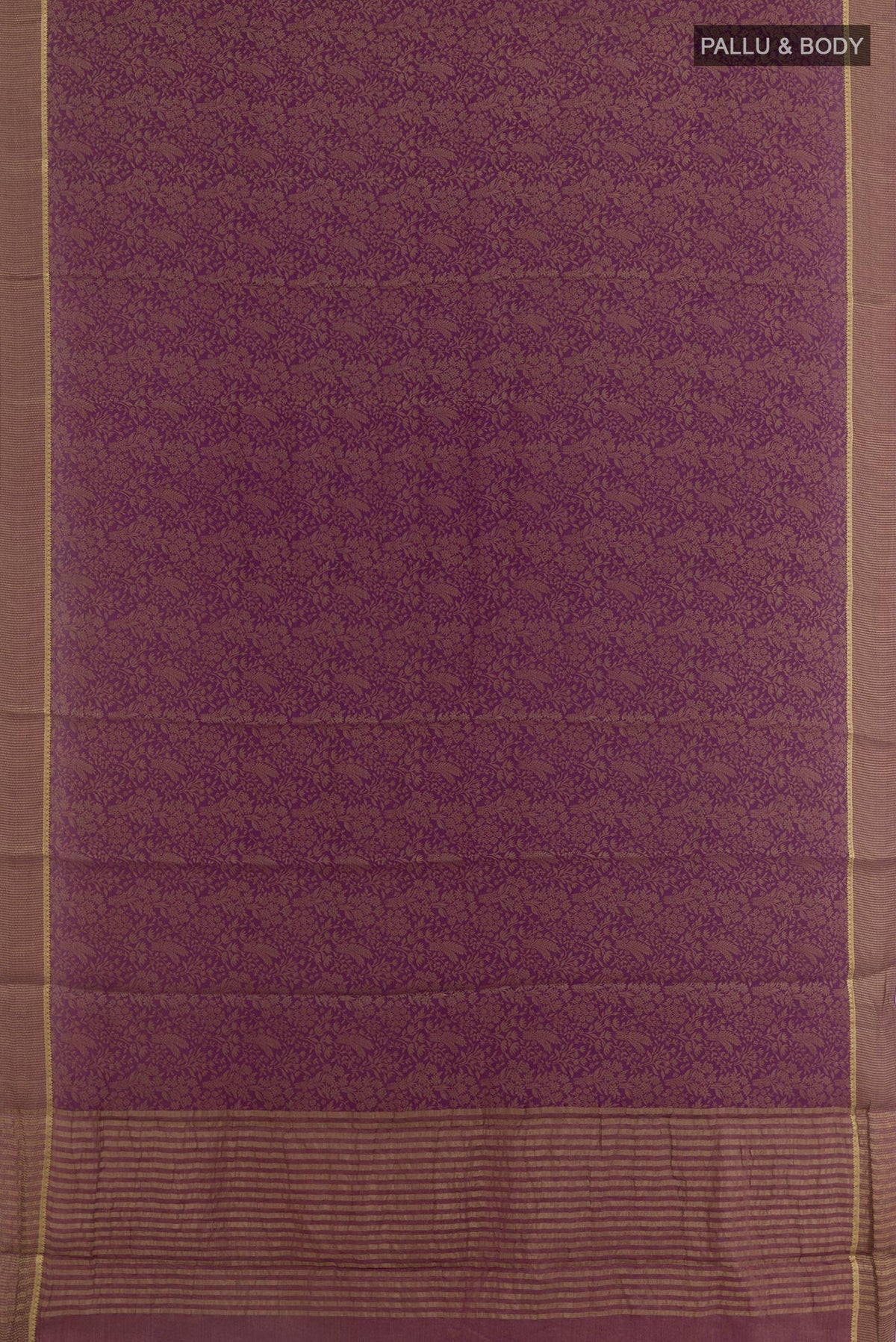 Flat view of Purple Mysore Crepe Saree with Zari Brocade on the body and Zari Border. 