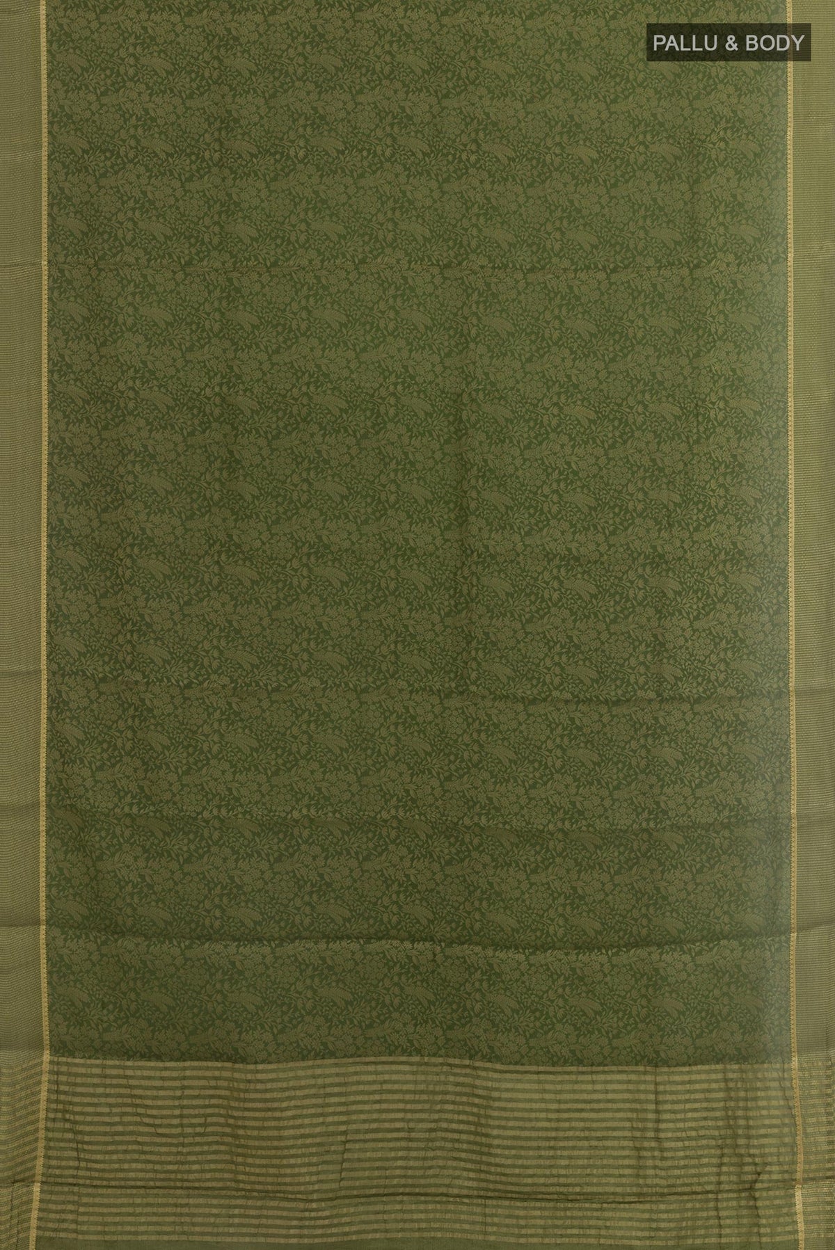 Flat view of Mehandi Green Mysore Crepe Saree with Zari Brocade on the body and Zari Border. 