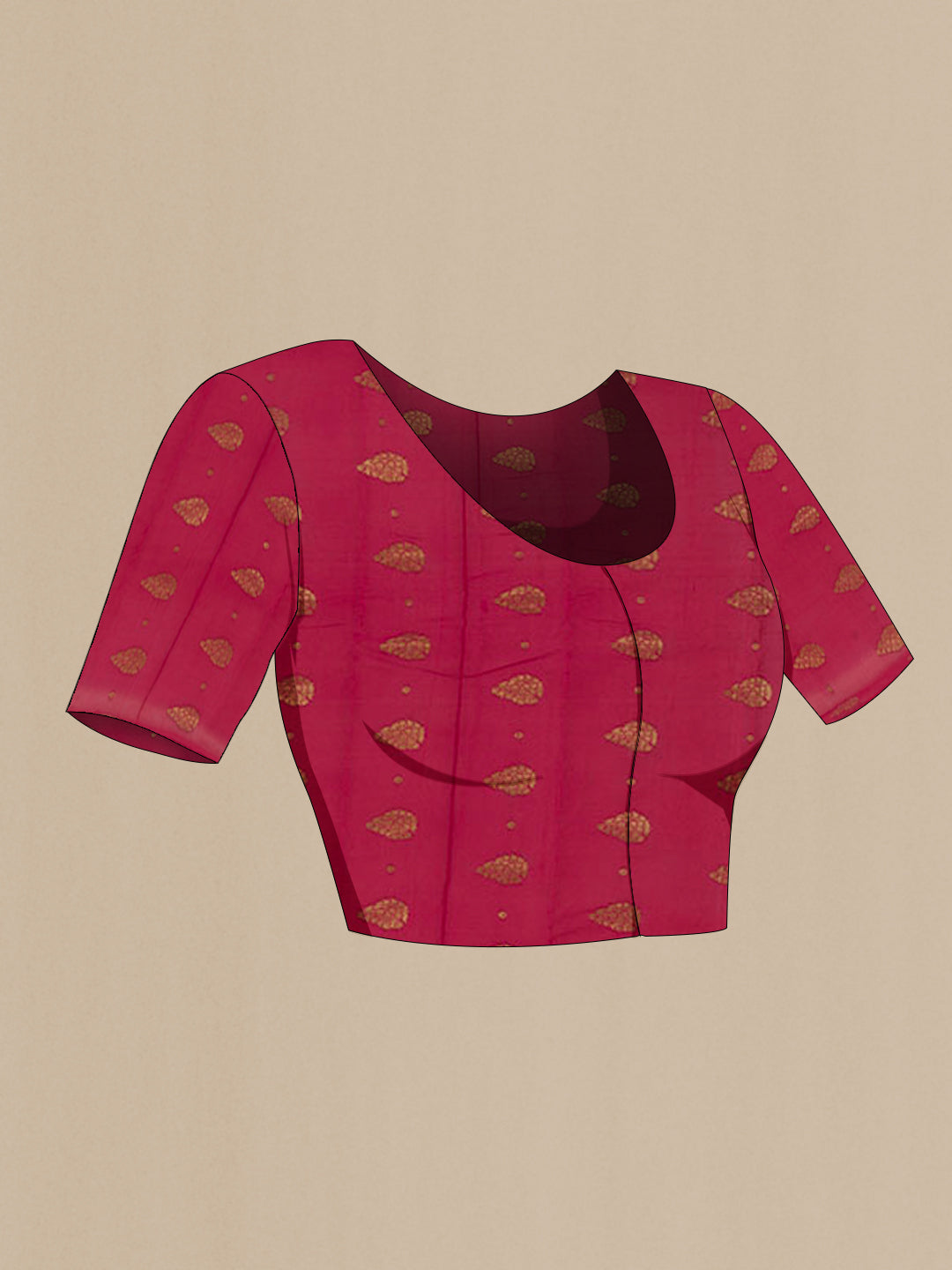 Close up image of the blouse of Pink Mysore Crepe Saree with Zari Brocade on the body and Zari Border. 
