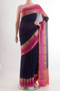 Dark Blue Mysore Chiffon Saree with Plain Body and Zari Border.  displayed on a mannequin