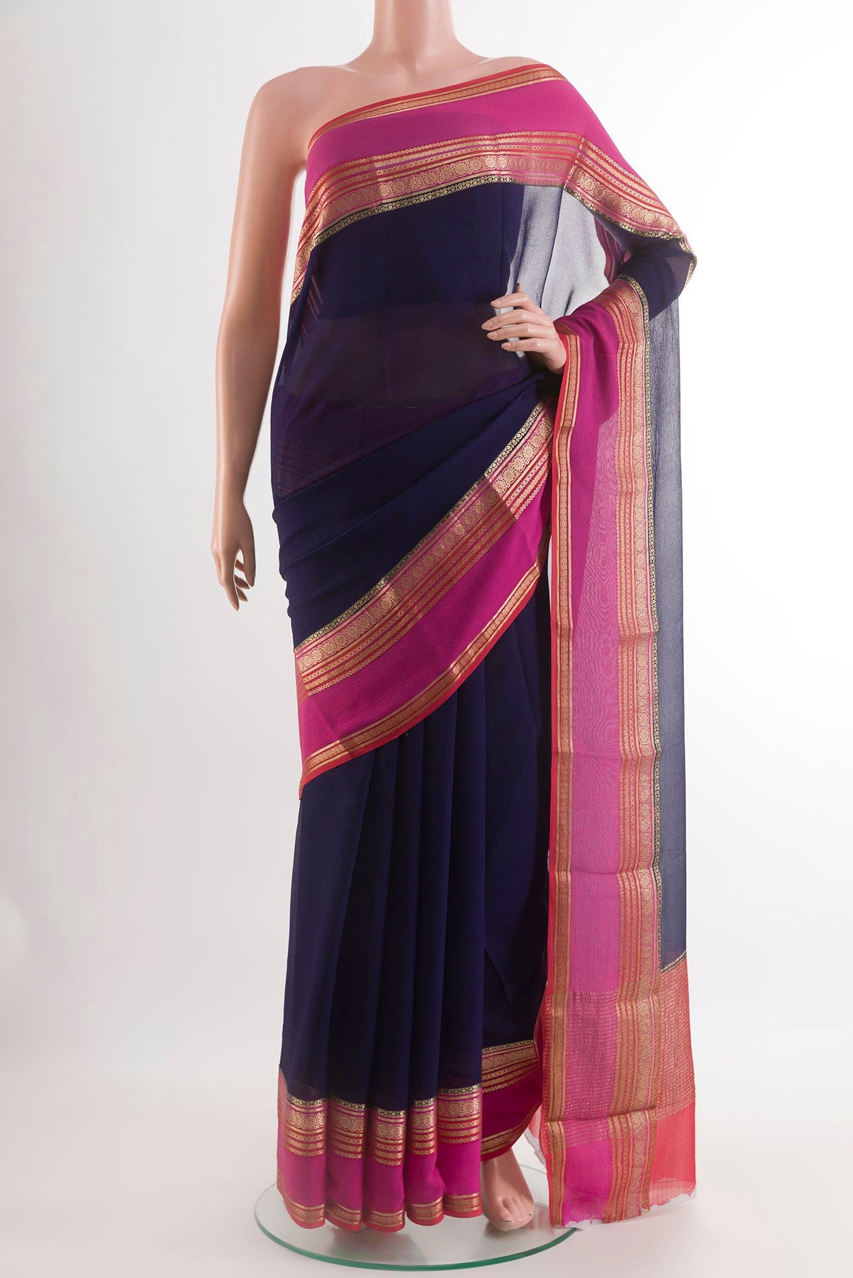 Dark Blue Mysore Chiffon Saree with Plain Body and Zari Border.  displayed on a mannequin