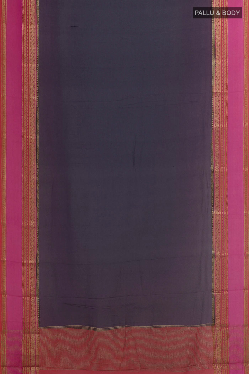 Flat view of Dark Blue Mysore Chiffon Saree with Plain Body and Zari Border. 