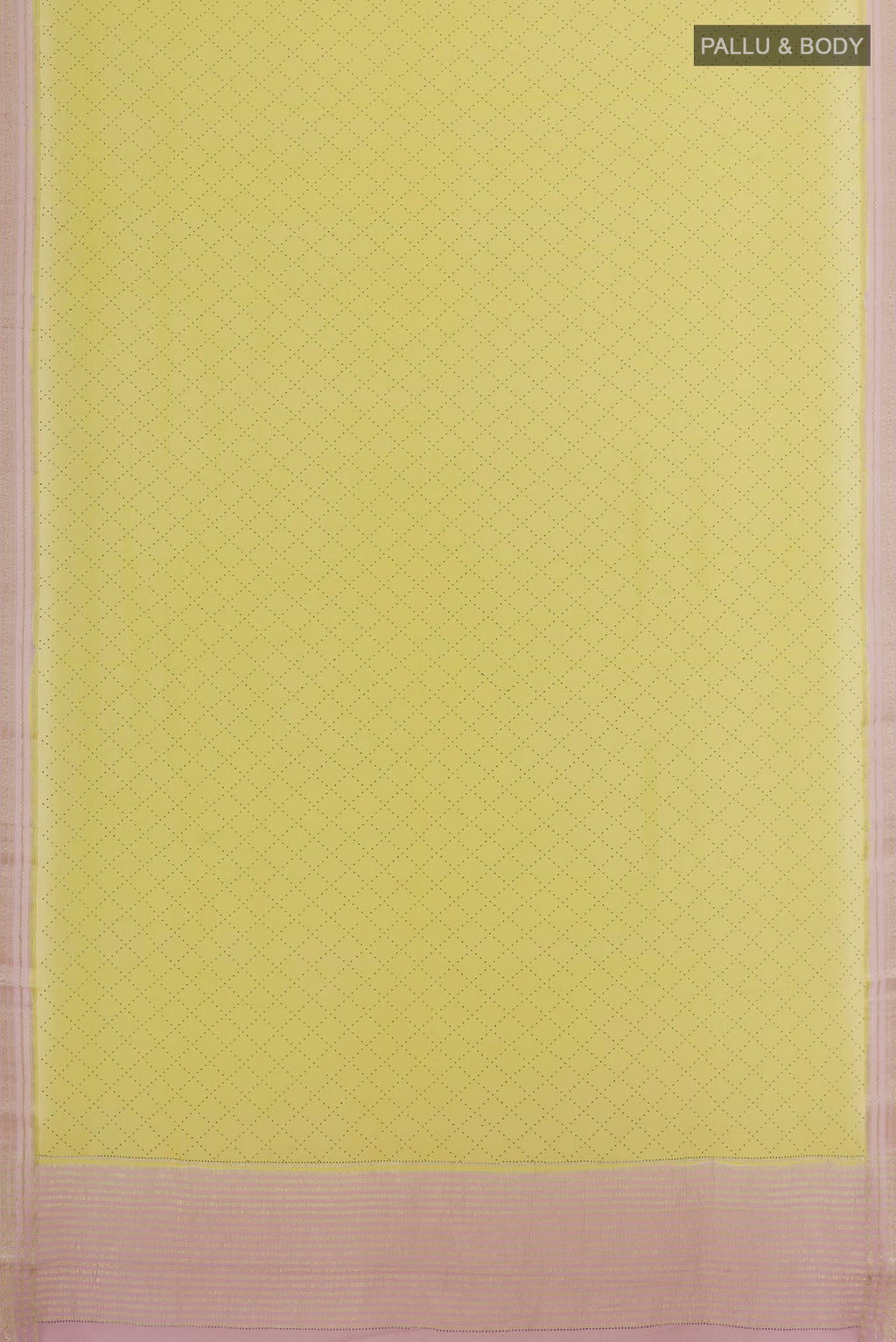 Flat view of Lemon Yellow Mysore Chiffon Saree with Embroidery on the body and Zari Border. 