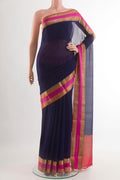 Dark Blue Chiffon Saree with Plain Body and Plain Border.  displayed on a mannequin