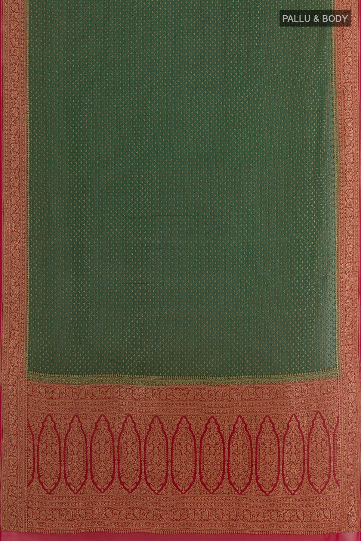 Flat view of Green Banarasi Georgette Saree with Zari Butta on the body and Zari Border. 