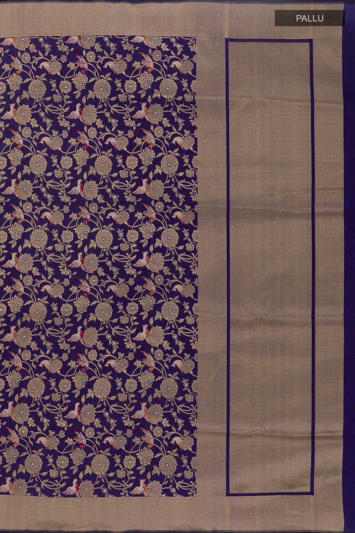Close up image of the pallu of Dark Blue Banarasi Silk Saree with Zari Brocade on the body and Zari Border. 