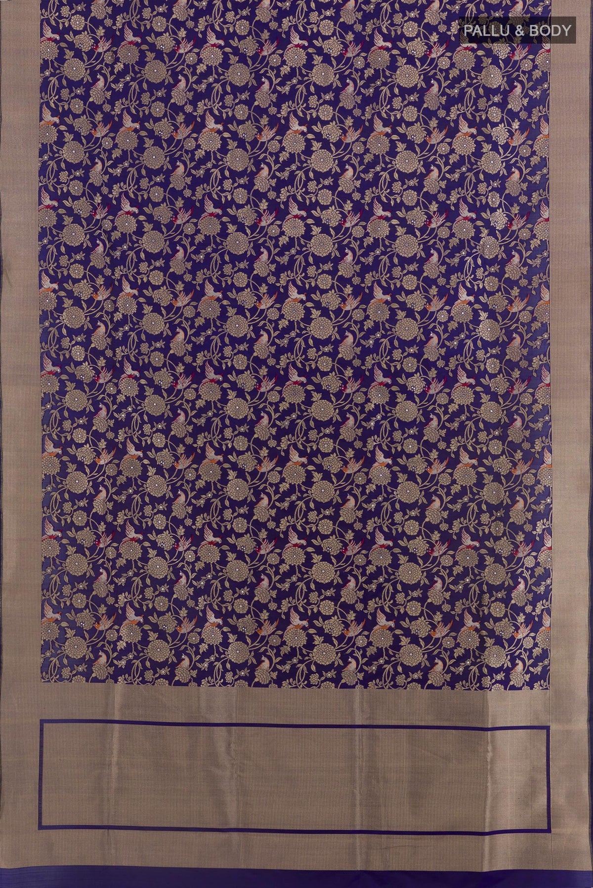 Flat view of Dark Blue Banarasi Silk Saree with Zari Brocade on the body and Zari Border. 