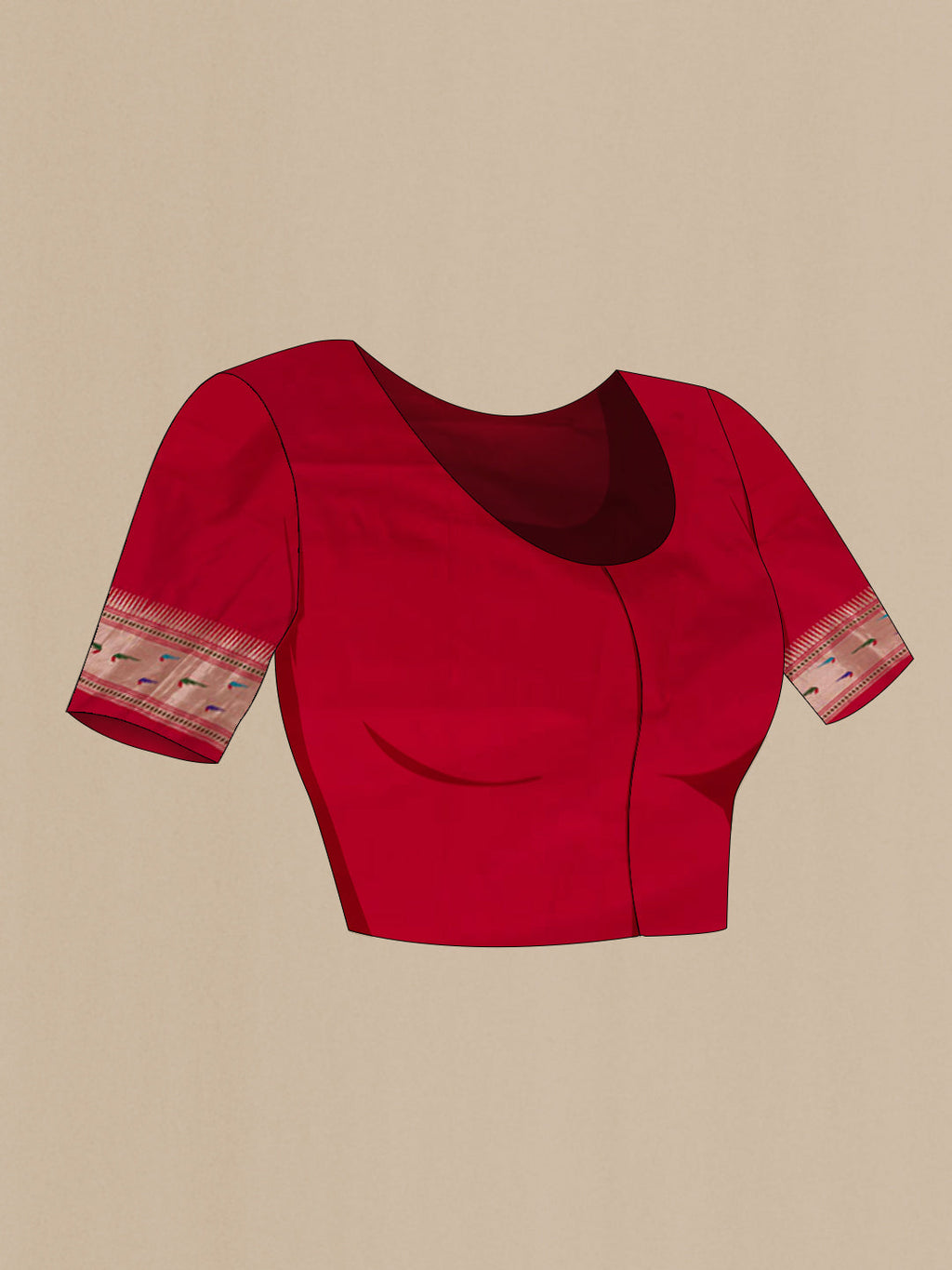 Close up image of the blouse of Red Banarasi Silk Saree with Zari Butta on the body and Paithani Border. 