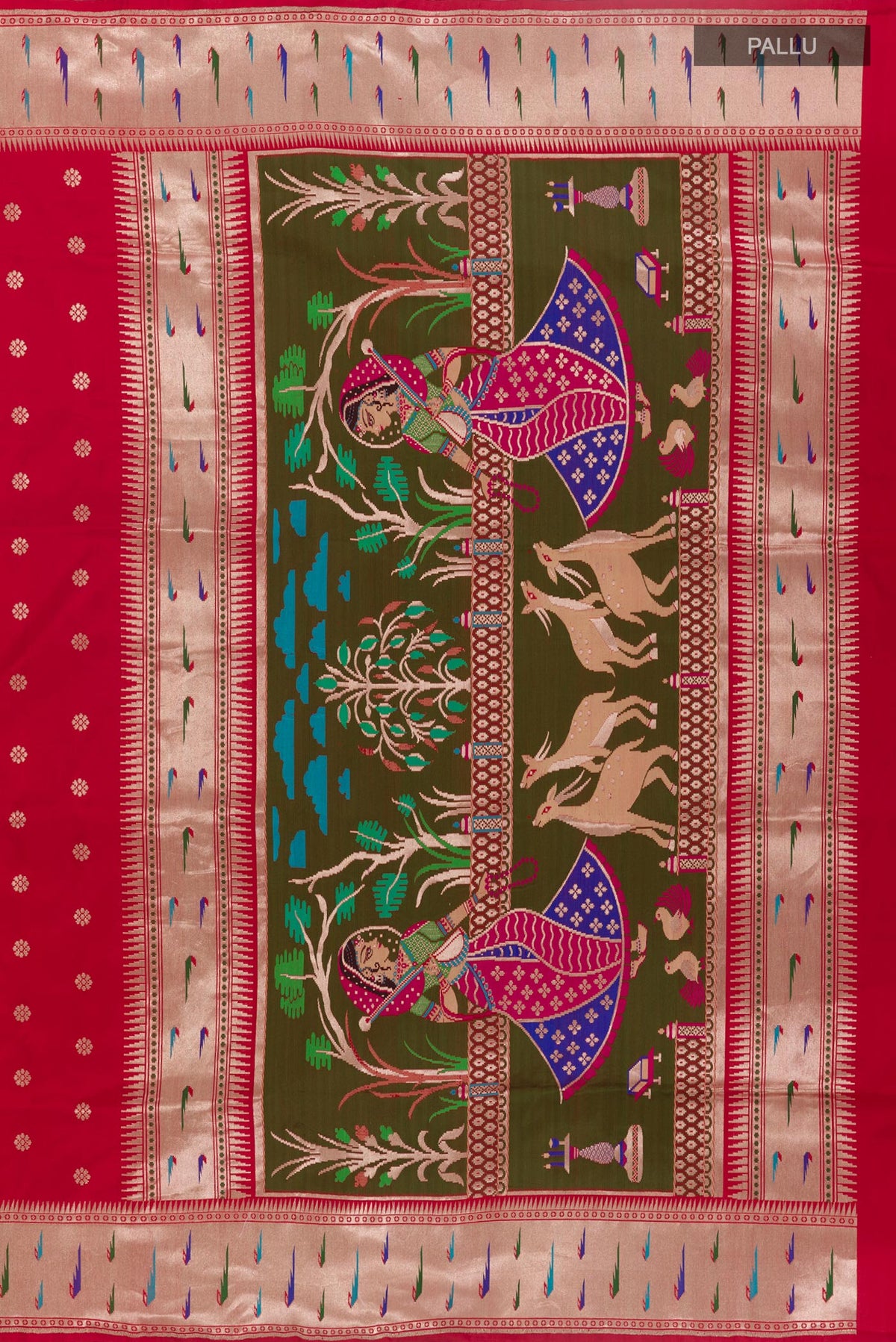 Close up image of the pallu of Red Banarasi Silk Saree with Zari Butta on the body and Paithani Border. 