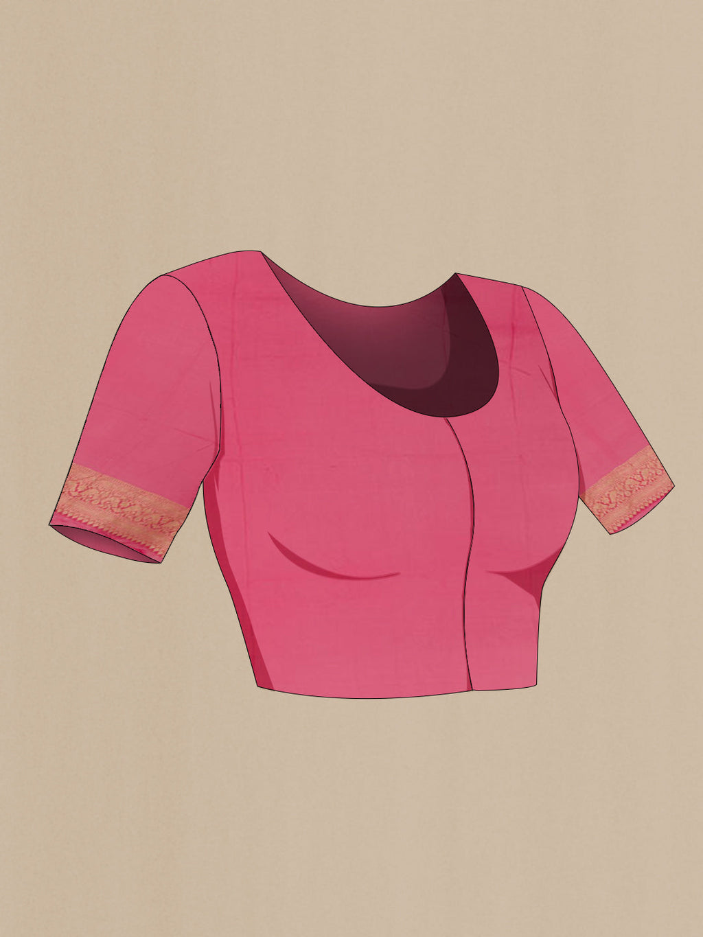 Close up image of the blouse of Pink Banarasi Georgette Saree with Zari Butta on the body and Zari Border. 