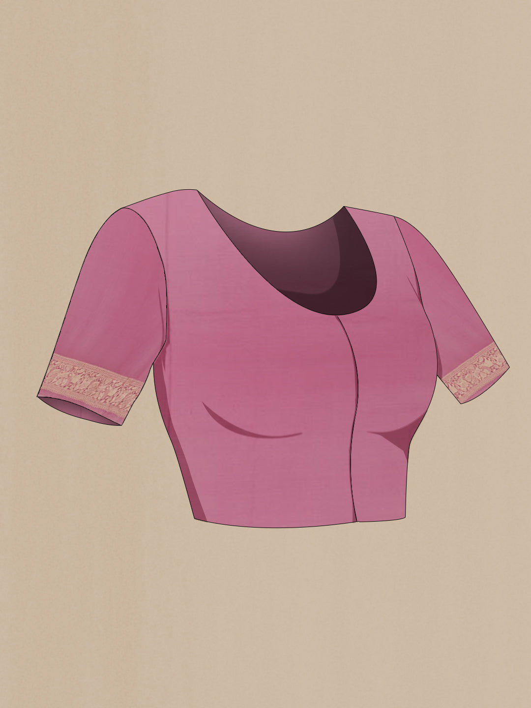Close up image of the blouse of Pink Banarasi Georgette Saree with Zari Brocade on the body and Zari Border. 
