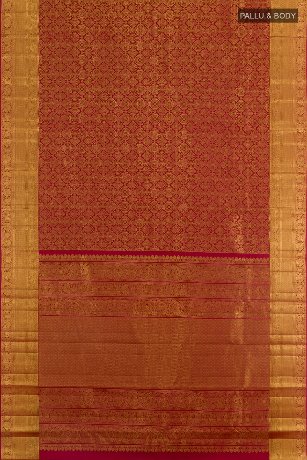 Flat view of Maroon Kanchipuram Silk Saree with Zari Brocade on the body and Zari Border. 