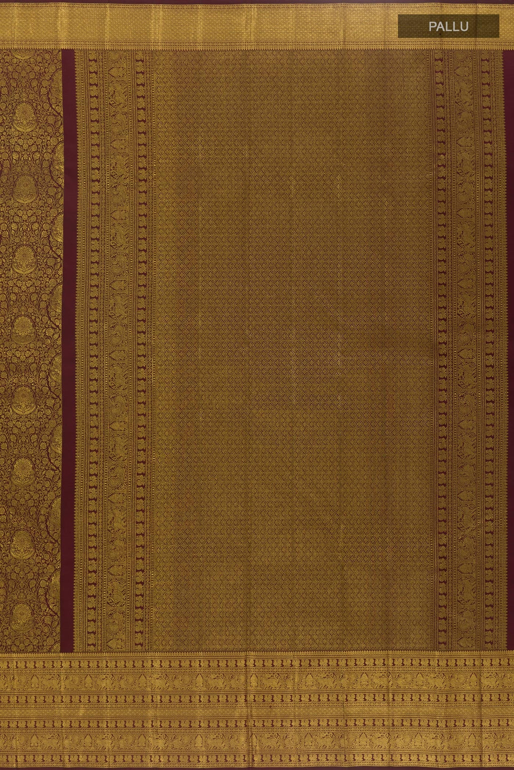 Close up image of the pallu of Black Kanchipuram Silk Saree with Zari Brocade on the body and Zari Border. 