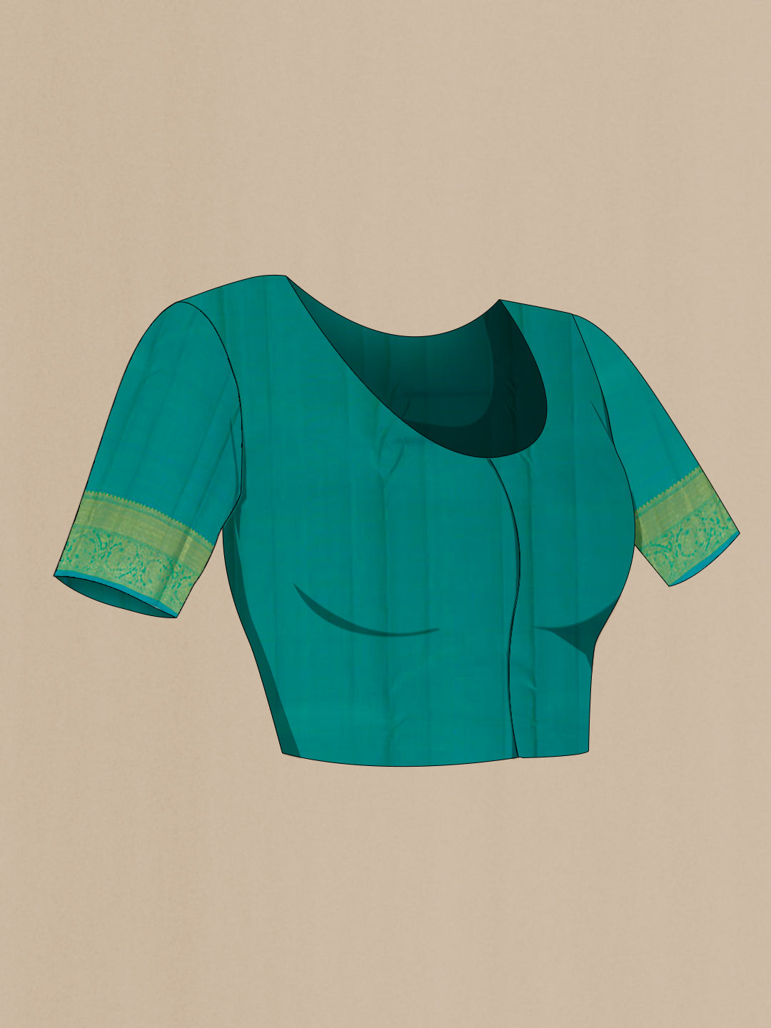 Close up image of the blouse of Green Kanchipuram Silk Saree with Zari Butta on the body and Zari Border. 