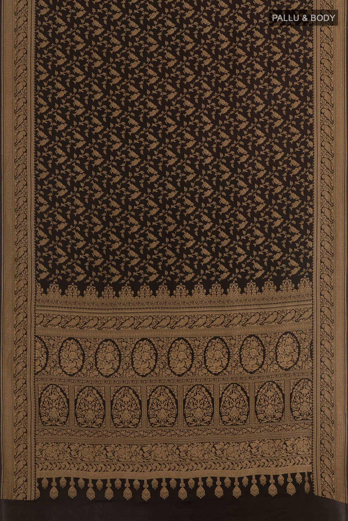 Flat view of Black Banarasi Georgette Saree with Zari Brocade on the body and Zari Border. 