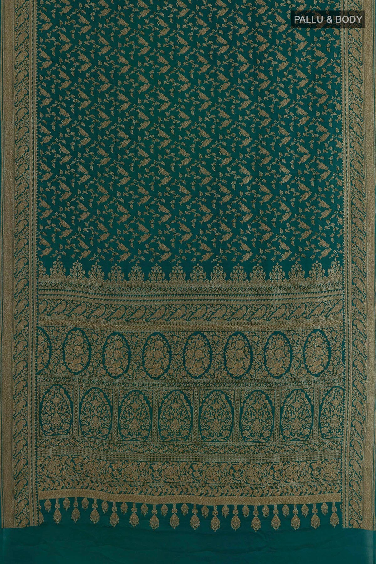 Flat view of Teal Banarasi Georgette Saree with Zari Brocade on the body and Zari Border. 
