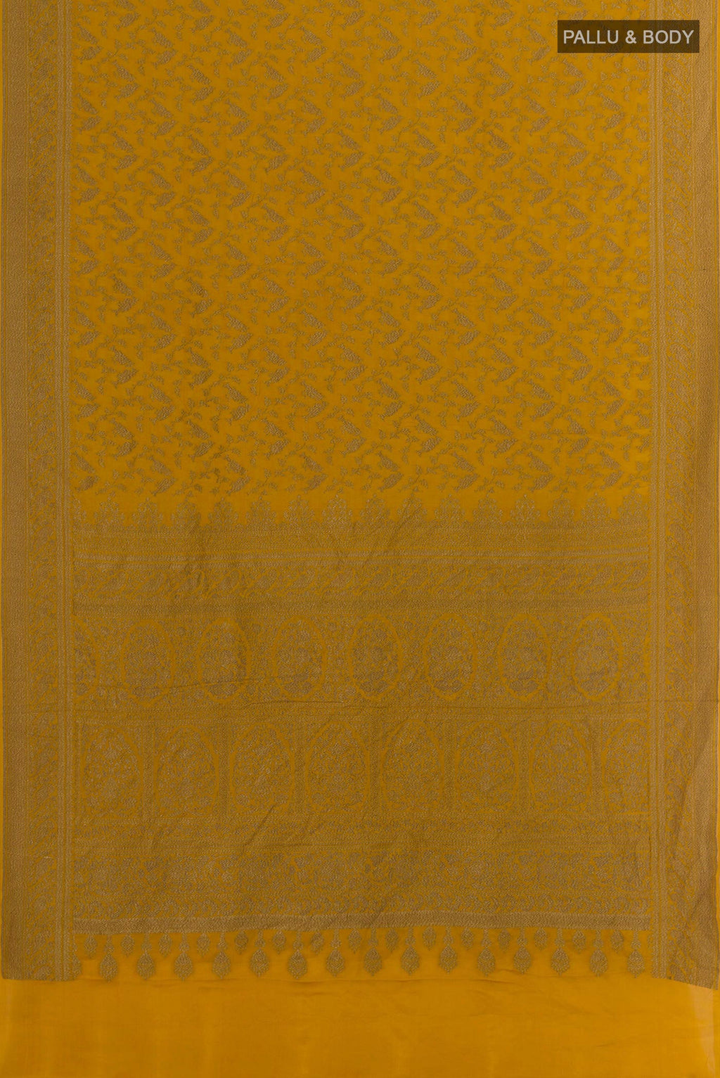 Flat view of Mustard Banarasi Georgette Saree with Zari Brocade on the body and Zari Border. 
