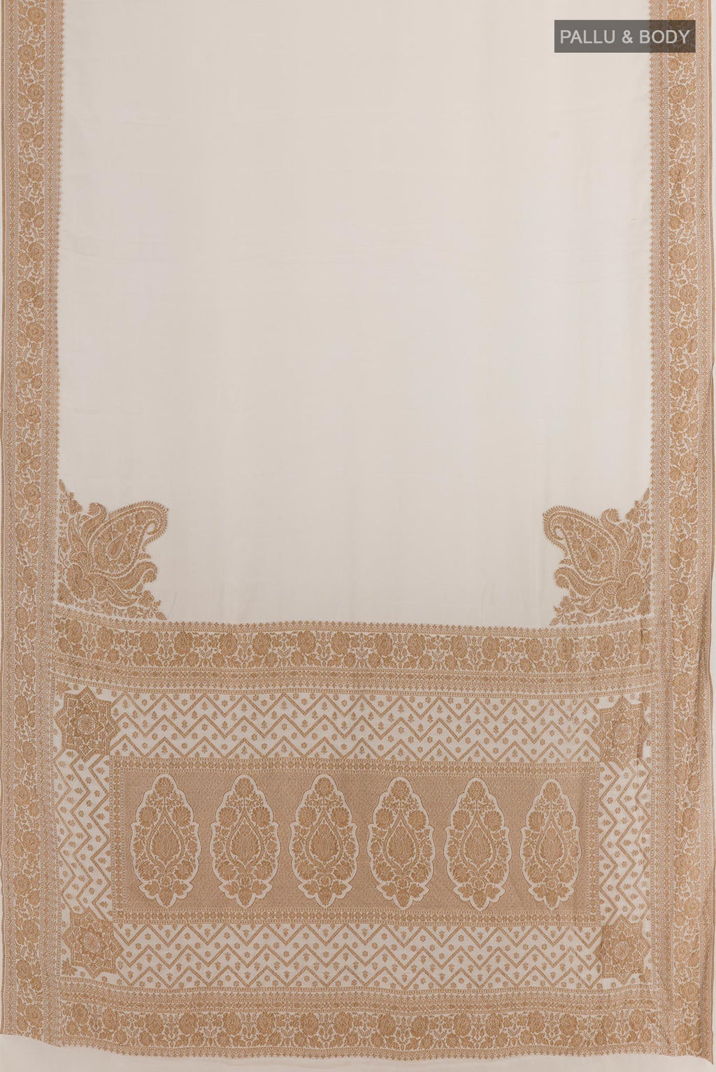 Flat view of Cream Banarasi Georgette Saree with Plain Body and Zari Border. 
