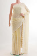 Lemon Yellow Blended Georgette Saree with Embroidery on the body and Embroidery Border.  displayed on a mannequin