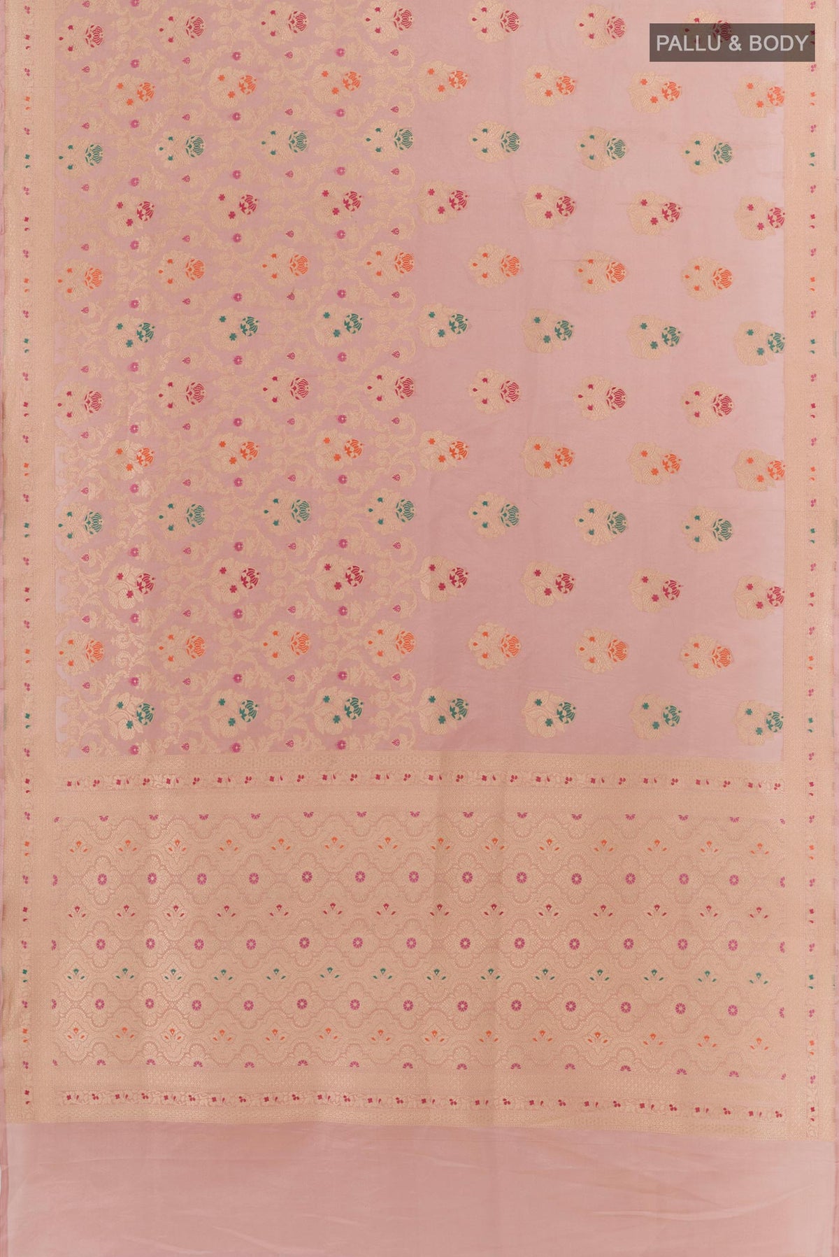 Flat view of Peach Banarasi Silk Saree with Zari Brocade on the body and Zari Border. 
